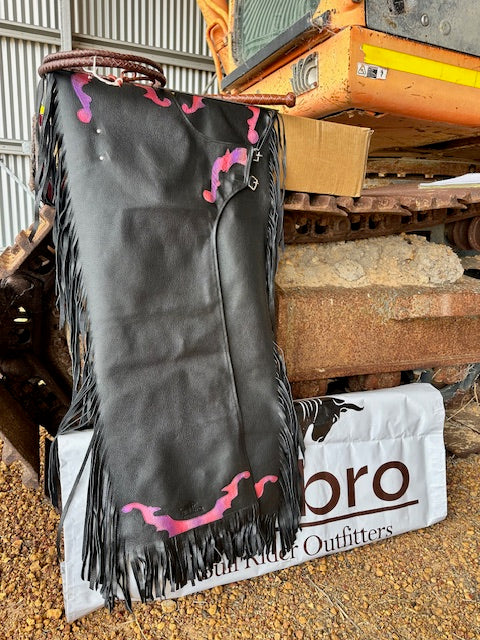 BRO Chaps Black Leather with Pink/Purple Trim - Adult