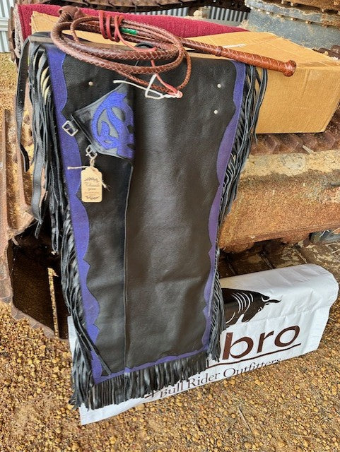BRO Chaps - Black Leather with Metallic Blue Detail - Adult
