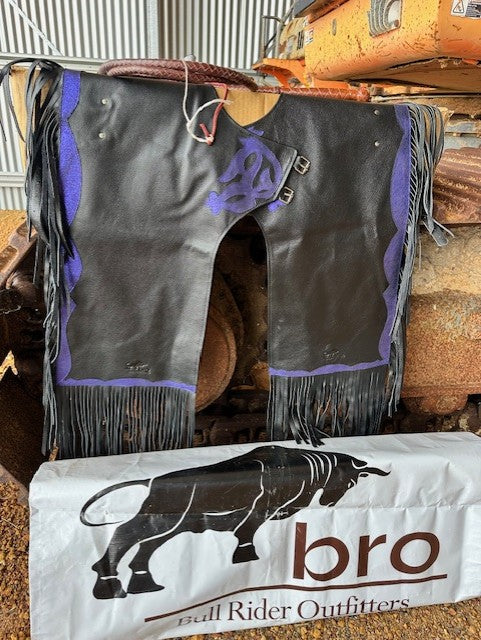 BRO Chaps Black Leather Metallic Blue Trim - Child